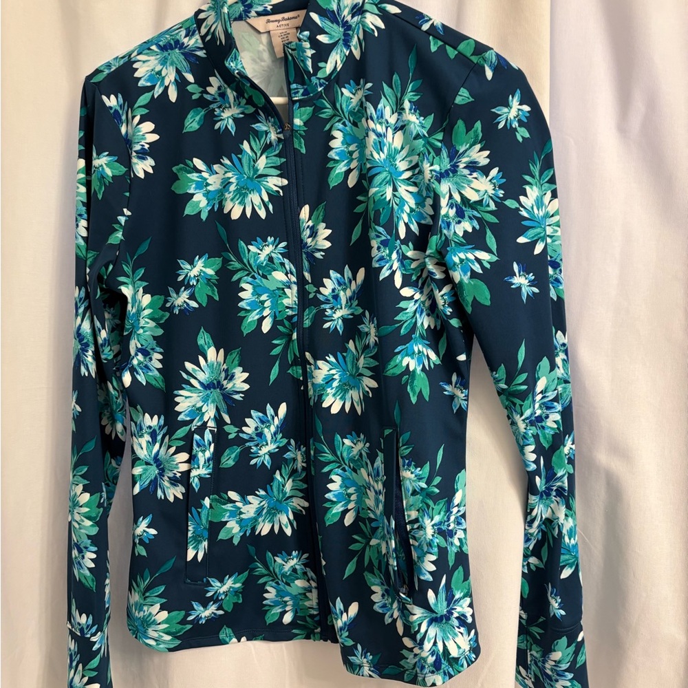 Tommy Bahama Active Blue and Green Floral Patterned golf Top